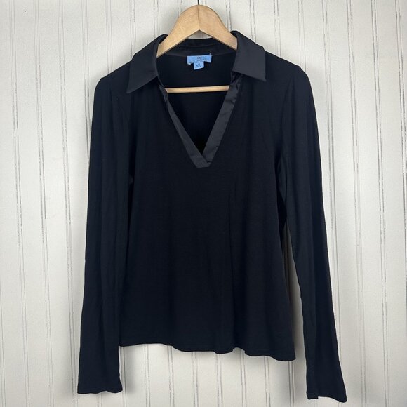 CeCe Long Sleeve Black Collard V-neck In Women Size Medium Satin Collar, Stretch - Picture 1 of 7
